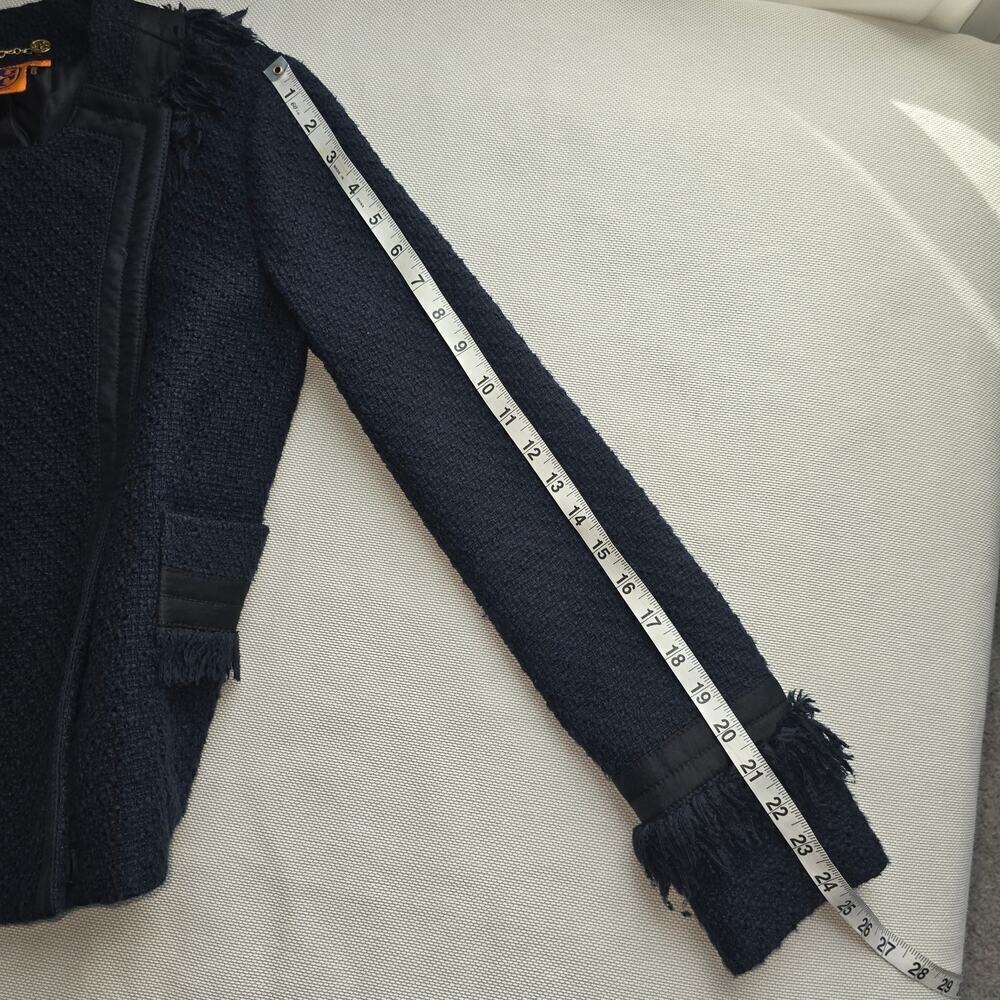 Tory Burch Navy Long Sleeve Tweed Fringe Cross Grain Blazer Sz 4 - Picture 11 of 11